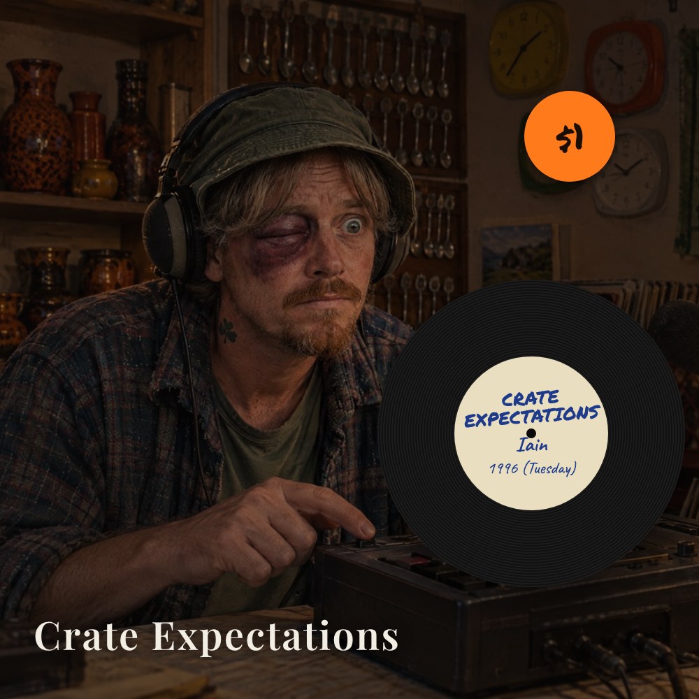 Crate Expectations artwork: a record on the granny flat desk